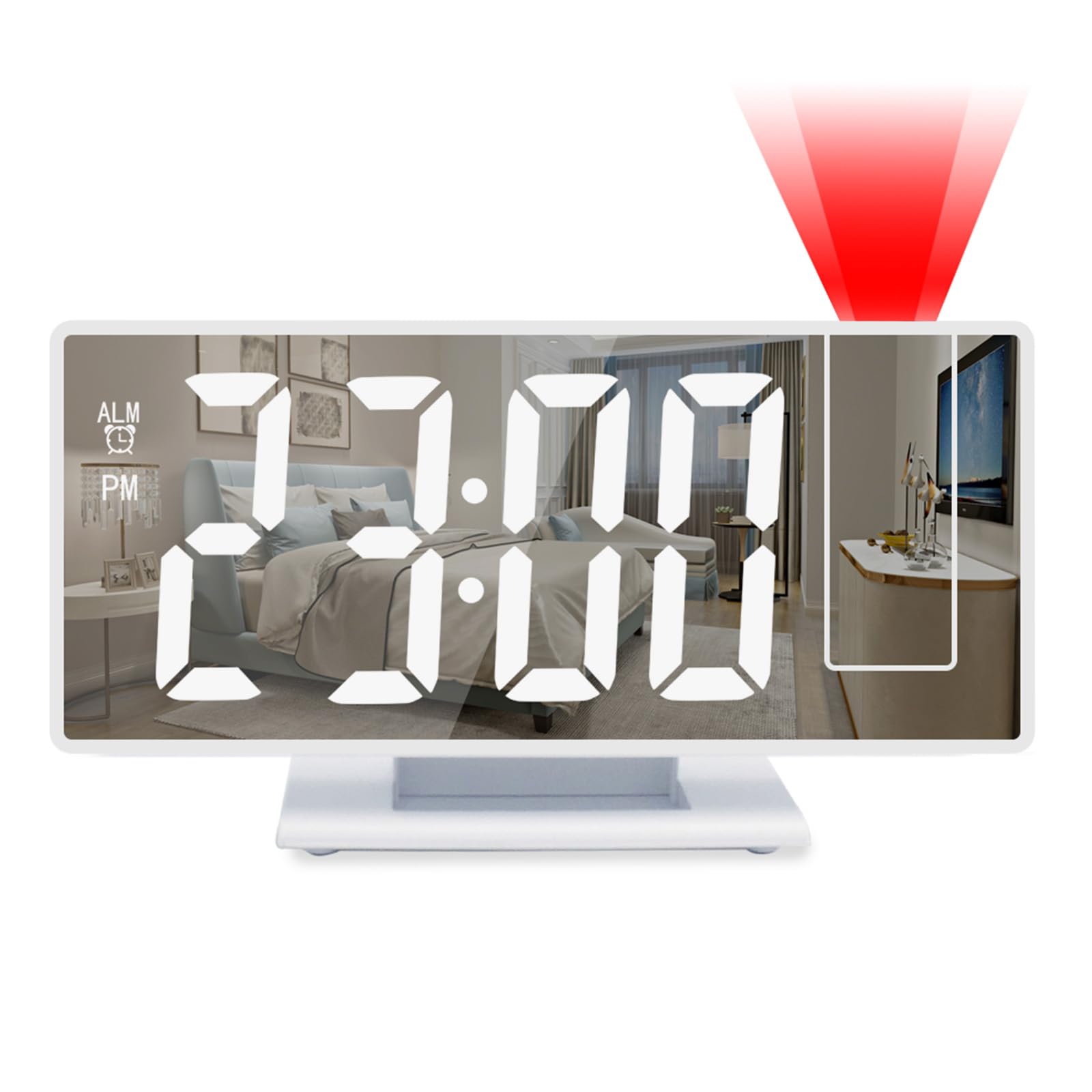 Radio Réveil Projecteur Plafond Avec Écran Miroir 18.5cm - Projection 180° Et Luminosité Graduable - Noir/Blanc