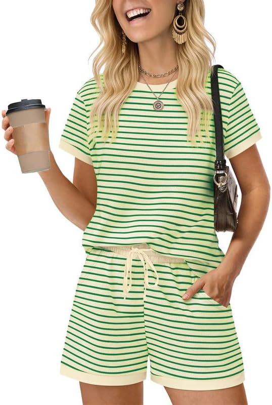 Marvmys Womens Pajamas Set 2 Piece Striped Pj Set Soft Pajamas Casual Short Sleeve Top and Shorts Sleepwear Set S-2XL