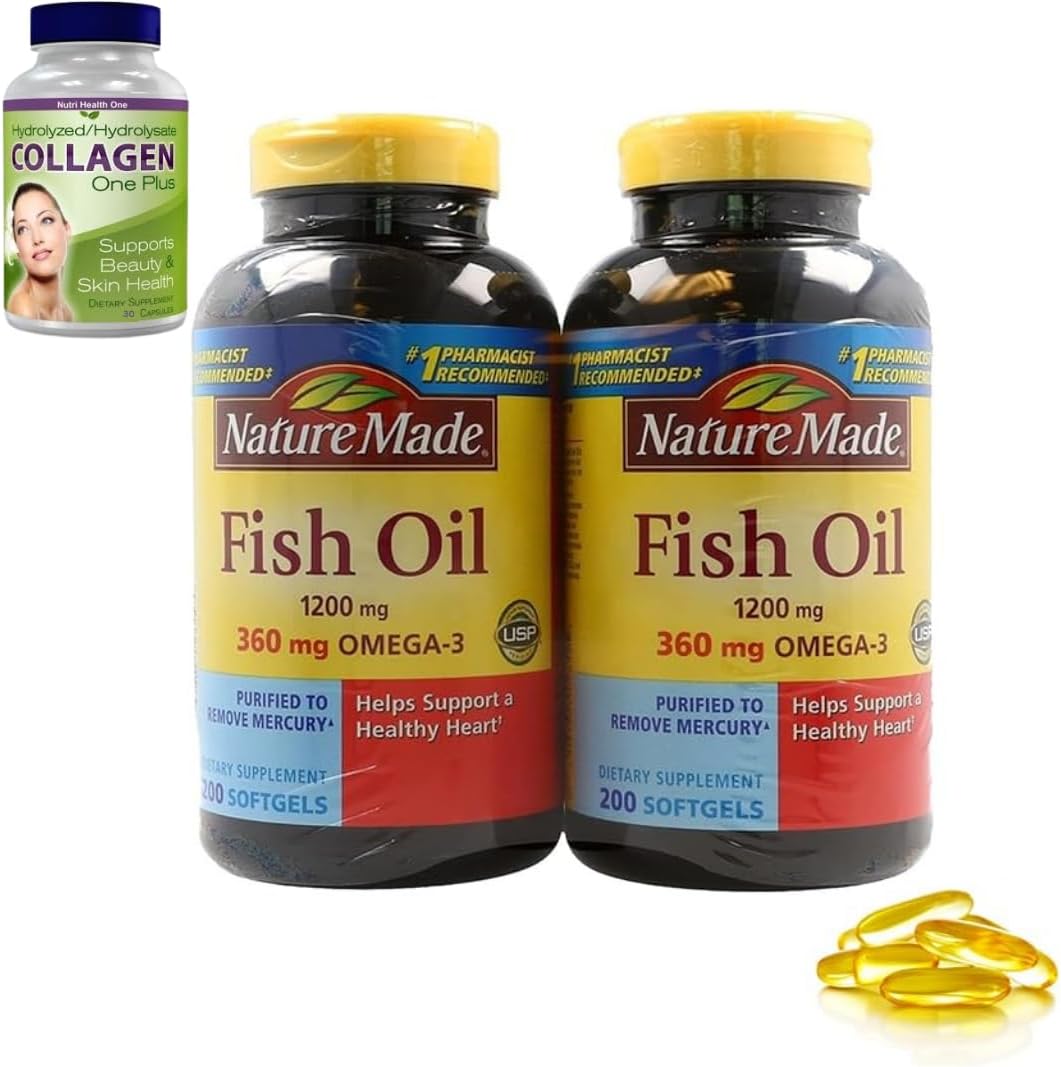 Bundle: Nature Made Fish Oil 1200 mg Softgels, Omega 3 - for Healthy Heart Support, Omega 360mg Fish Oil Supplements, 200 ct, (2 Pack) + Collagen for Beauty & Skin Health,30ct., Gold