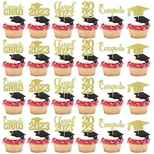 Gold Glitter Graduation Cupcake Toppers 2023, Congrats Grad Cupcake Toppers 2023 Cupcake Toppers Graduation, Cupcake Picks Graduation 2023 For Graduation Party Decorations 2023 Gold - 30Pcs #TOP1