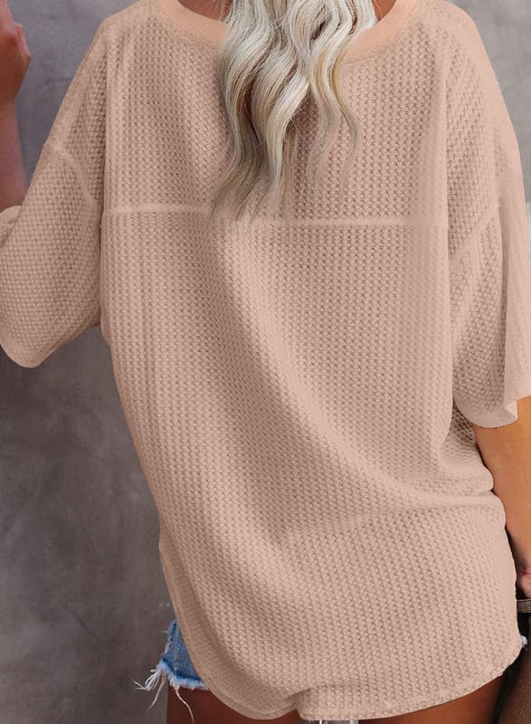 SHEWIN Women's Casual V Neck Waffle Knit Tunic Tops Batwing Short Sleeve Shirts Loose Blouses - Image 4