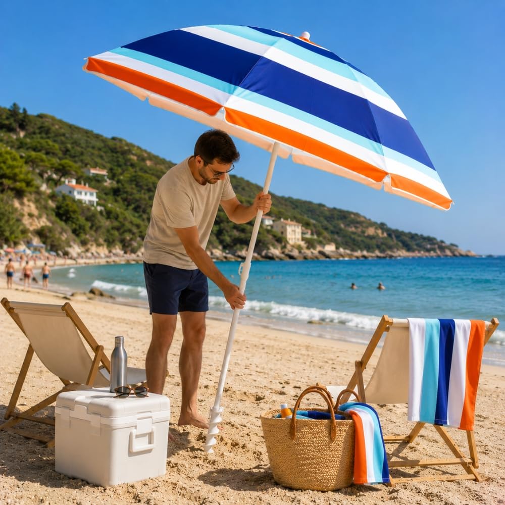 Parasol de Plage Alu Luxe Inclinable 210 cm UPF 50+ – Fibre de Verre, Pied Vissable, Housse de Transport et Toile Anti-UV