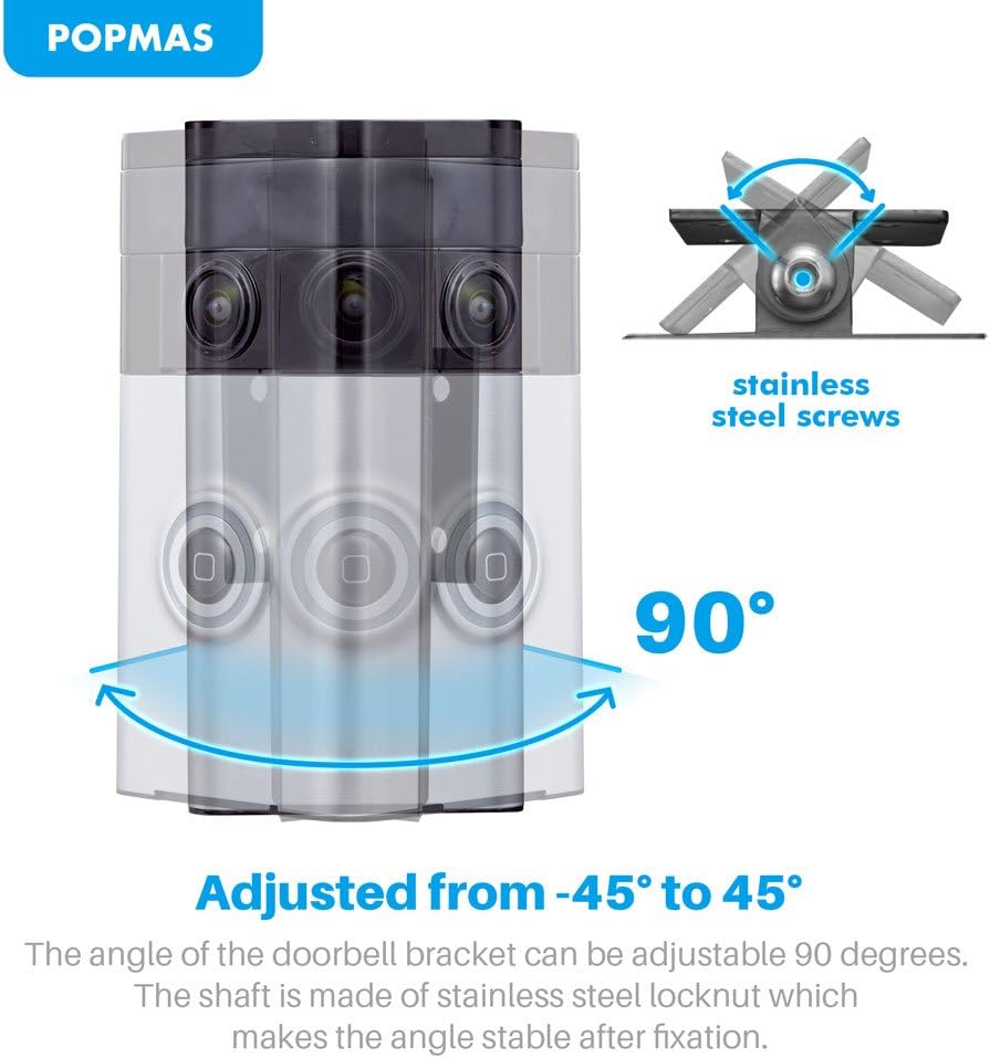 POPMAS Adjustable (-45 to +45 Degree) Metal Angle Mount Adapter Mounting Bracket Kit for Ring Wi-Fi Enabled Video Doorbell (Doorbell NOT Included)
