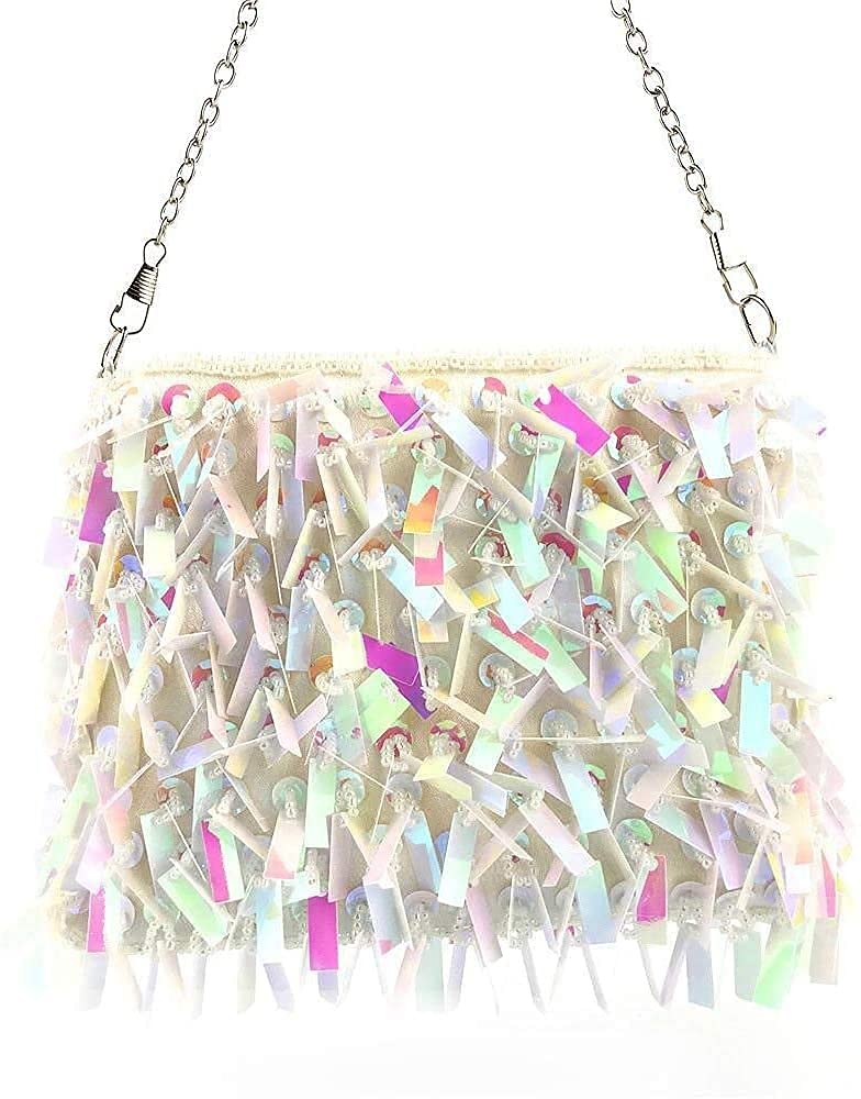 RajoNN Damen-Abendhandtaschen, Clutch-Tasche, Damen-Pailletten-Umhängetasche, kleine Umhängetasche, Kettentasche, Hochzeit, Party, Disco (Silber) (weiß)