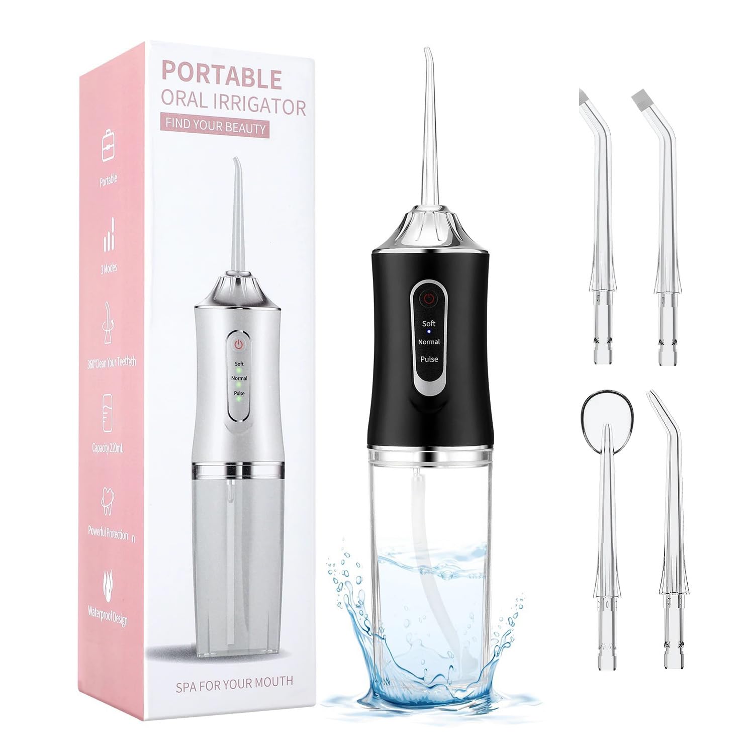 Irrigador Bucal Portátil, 4 Boquillas de Repuesto 3 Modos de Presión de Agua, Tanque de 300ML con USB-C Recargable Rápido, IPX7 Totalmente Impermeable, Limpiador Dental Eléctrico para Casa y Viajes