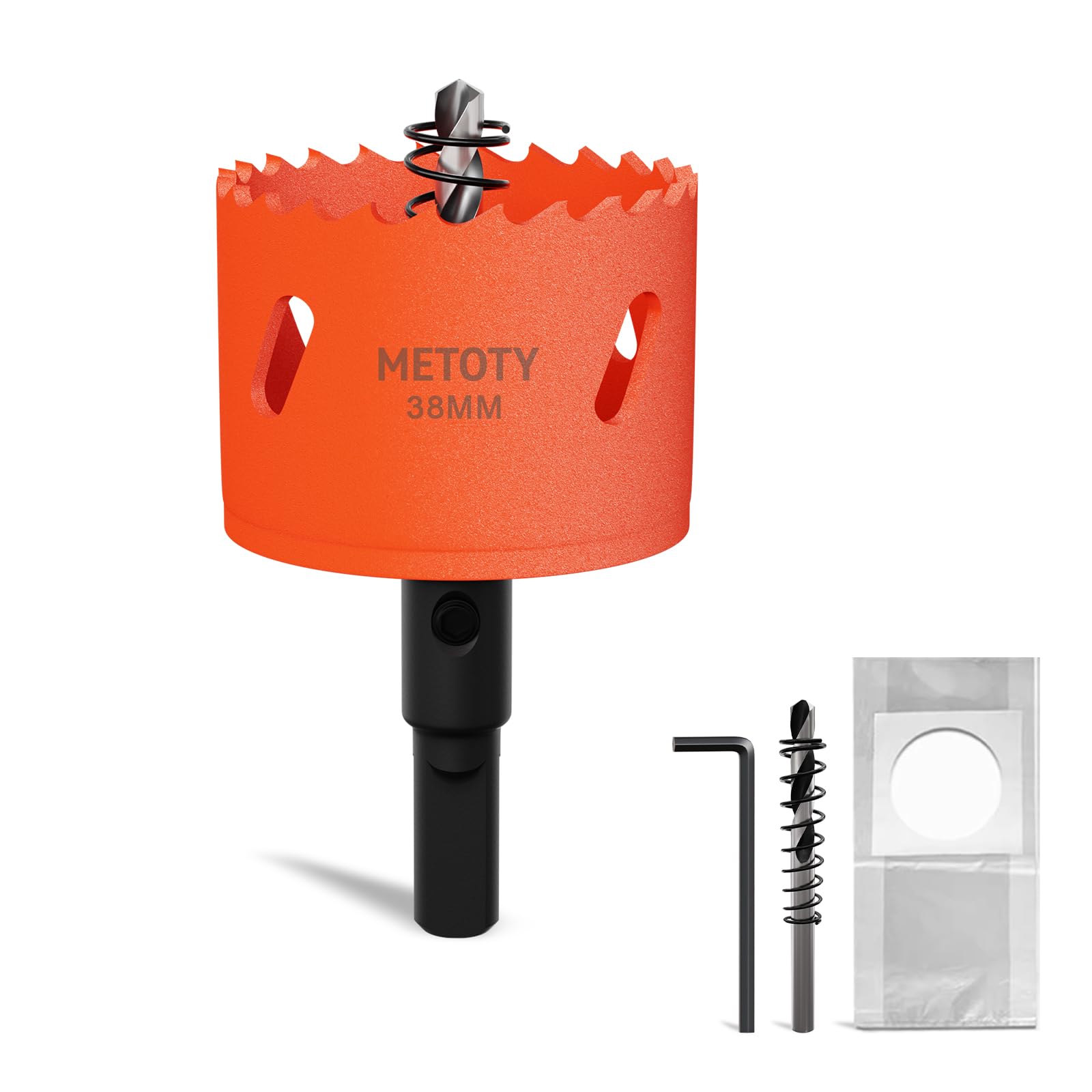 METOTY 38mm Bi-Metal Hole Saw,Universal HSS M42 Hole Saws,with Triangular Shaft Adapter and Centring Drill, One Free Dust Bag for Aluminum, Metals, Plastics, Acrylic Glass, Wood, Gypsum board — image 1