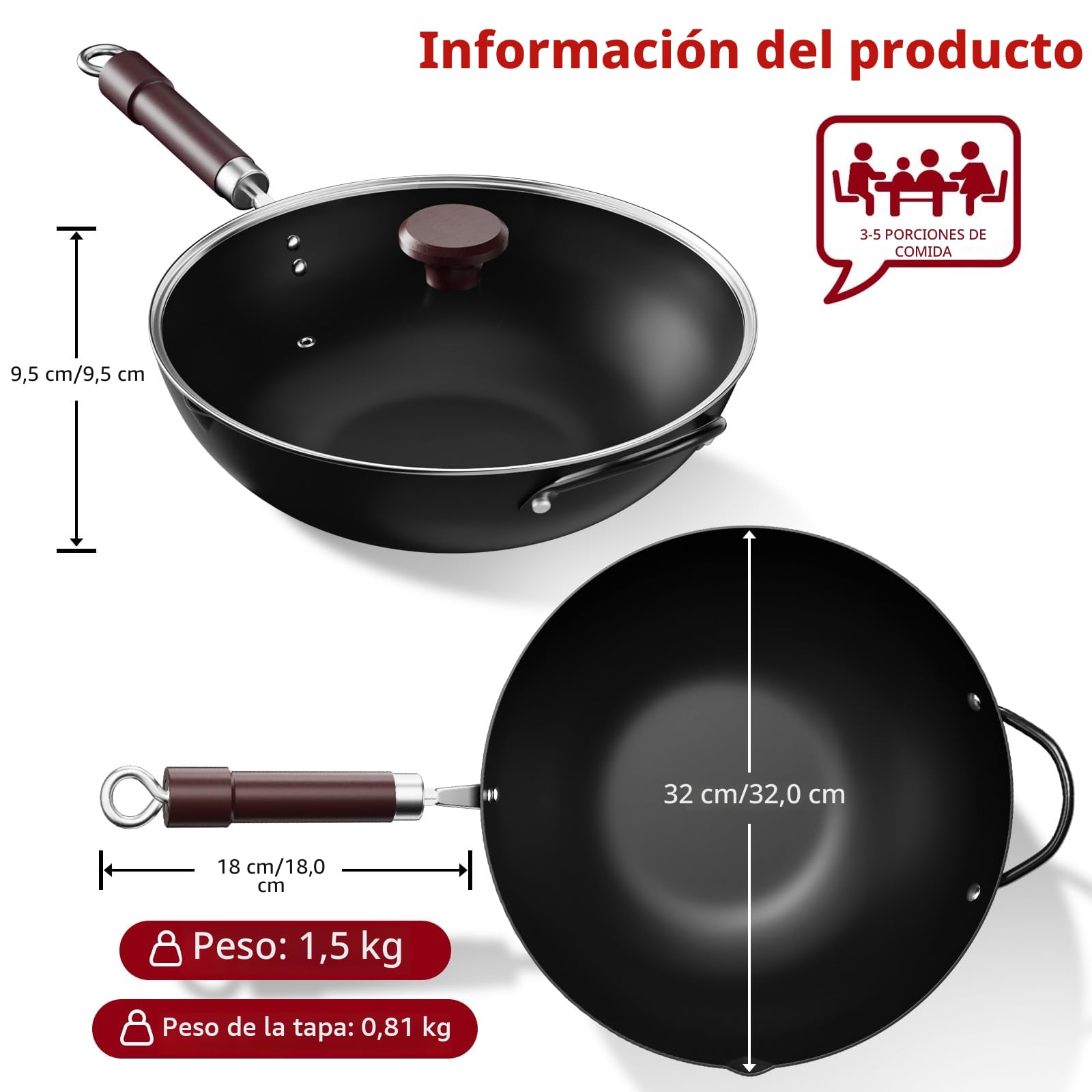 Jobin 32 cm/12,6'' Wok de Acero al Carbono con Tapa, Asas de Madera y Acero, Puede Cocinar Platos Asiáticos Para 3-5 Personas - Fondo Plano