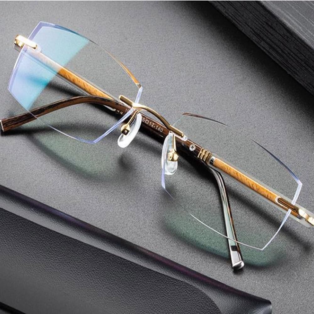 Gafas de lectura Fotocrómico,metal HD Gafas de computadora Rectangulares Gafas de lectura corte de diamante sin marco-Hombre