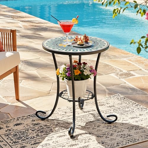 Ultym Side Table Outdoor Mosaic Patio Table with Planter Stand 22 H Iron Coffee End Table Weather-Resistant Tile Top Metal Drink Bar Table for Indoor Garden Balcony Yard Bistro