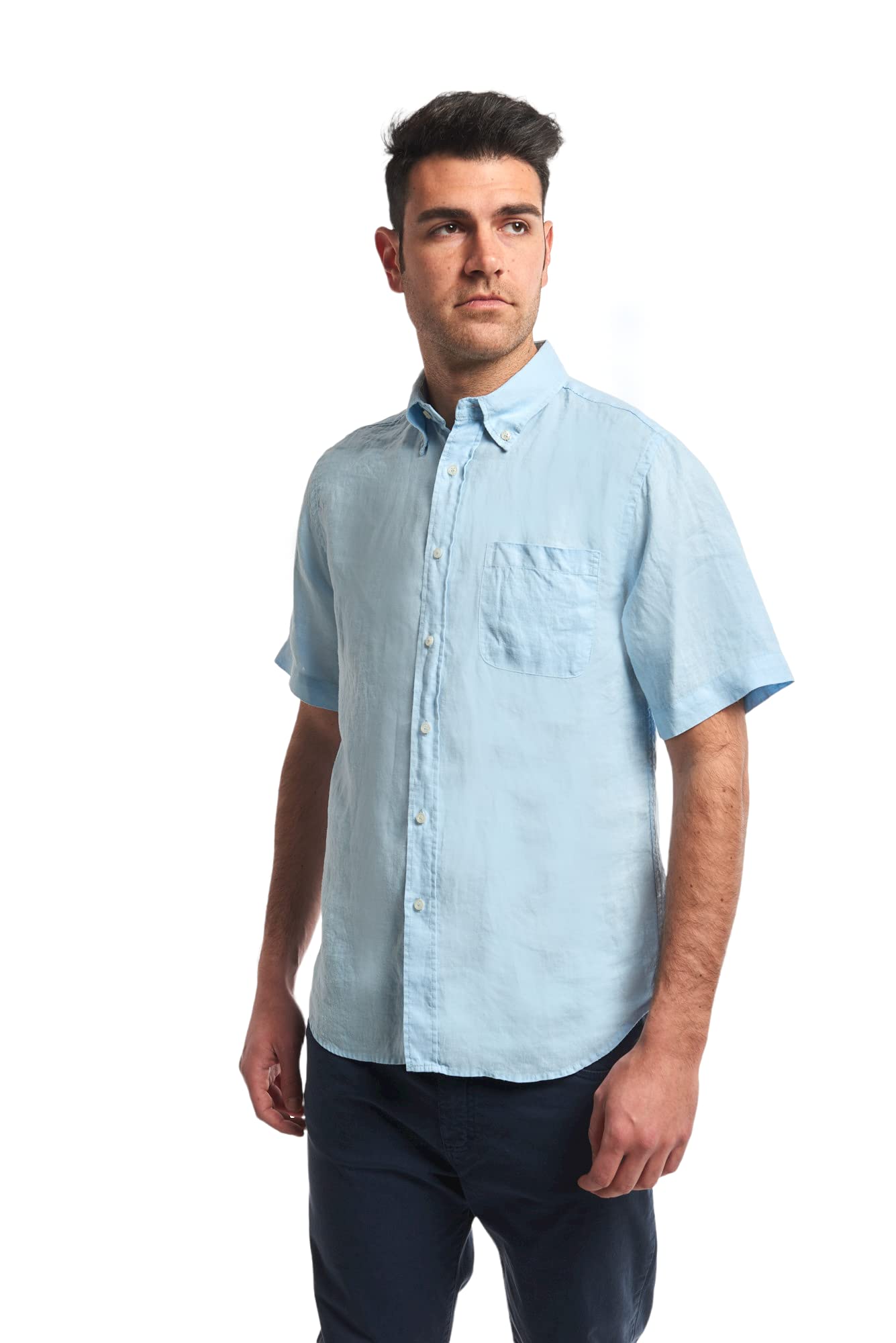 Herrenhemd aus reinem Leinen, Typ T Shirt für Herren, halbe Ärmel, in 5 Farben, Weiß, Hellblau, Grün, Avio, Blue Label von S bis 3XL, Himmelblau, XXXL