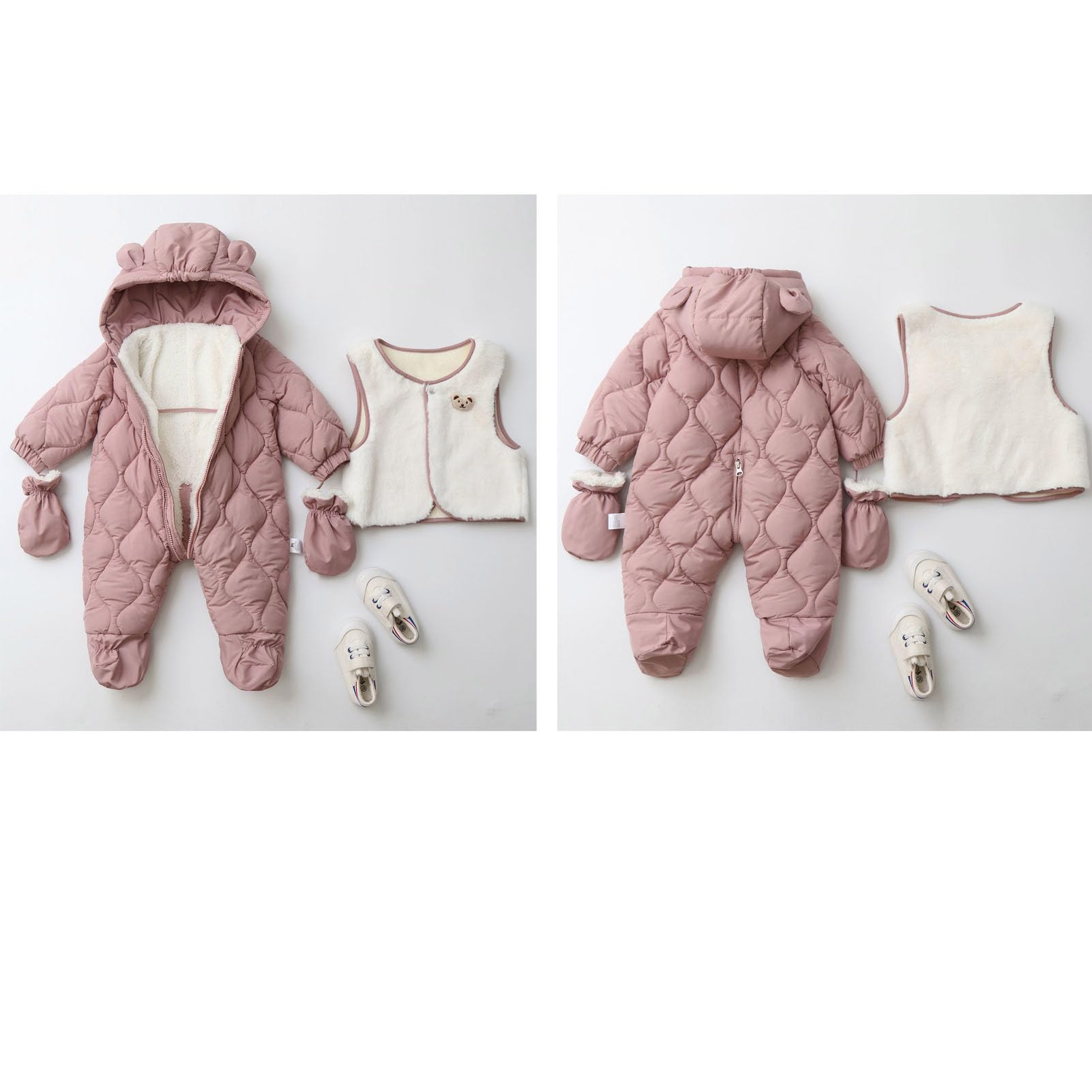 Mono de Nieve para Niños Pelele Bebé con Chalecos Desmontables Abrigo de Invierno 2 en 1 Mono Cálido con Capucha para Bebés Niñas Rosa 3-6 Meses
