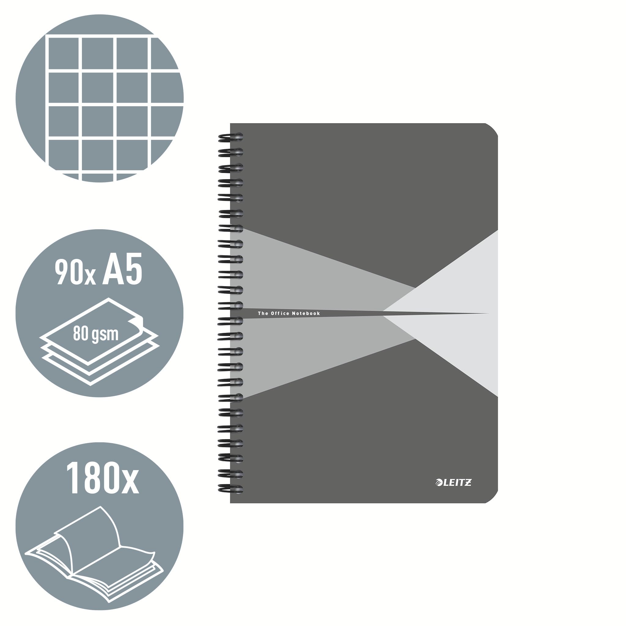 Leitz Office College pad (Pack of 5) - A5 Squared Notebook with PP Cover, Spiral Binding, 180 Pages / 90 Sheets of FSC-Certified Paper (80 g/m), For Office and School, Assorted Colours, 44981099 - Image 2