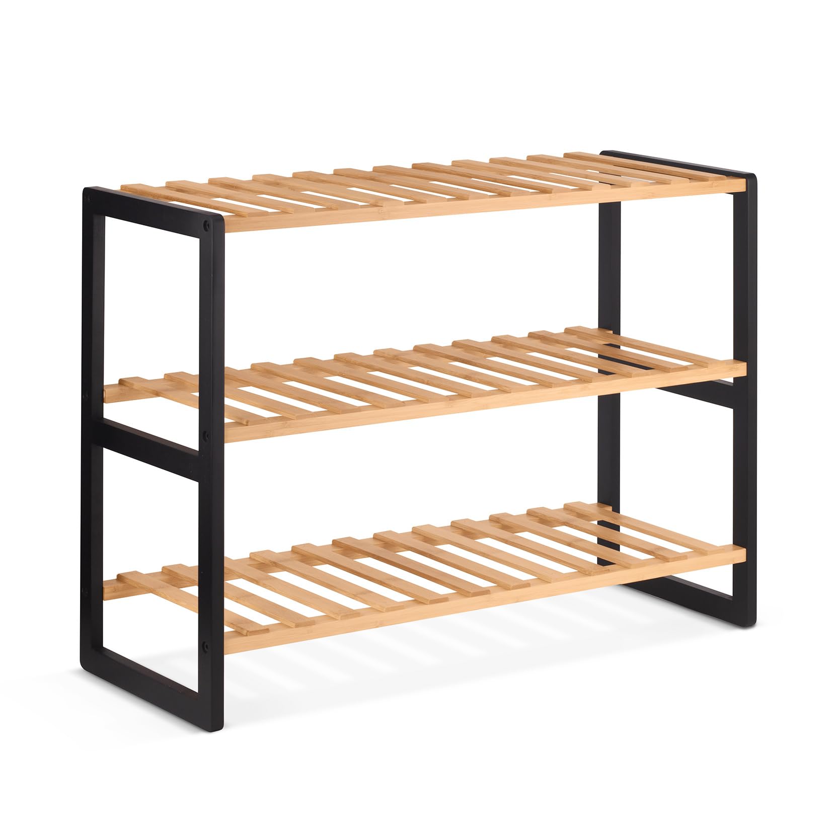 Woodluv Natural 3 Tier Bamboo Shoe Rack Stand Shelf Shelving Hallway, Bedroom, Bathroom, Living Room Organizer Holder Storage, & Black Shade, 70X26x55(H) Cm