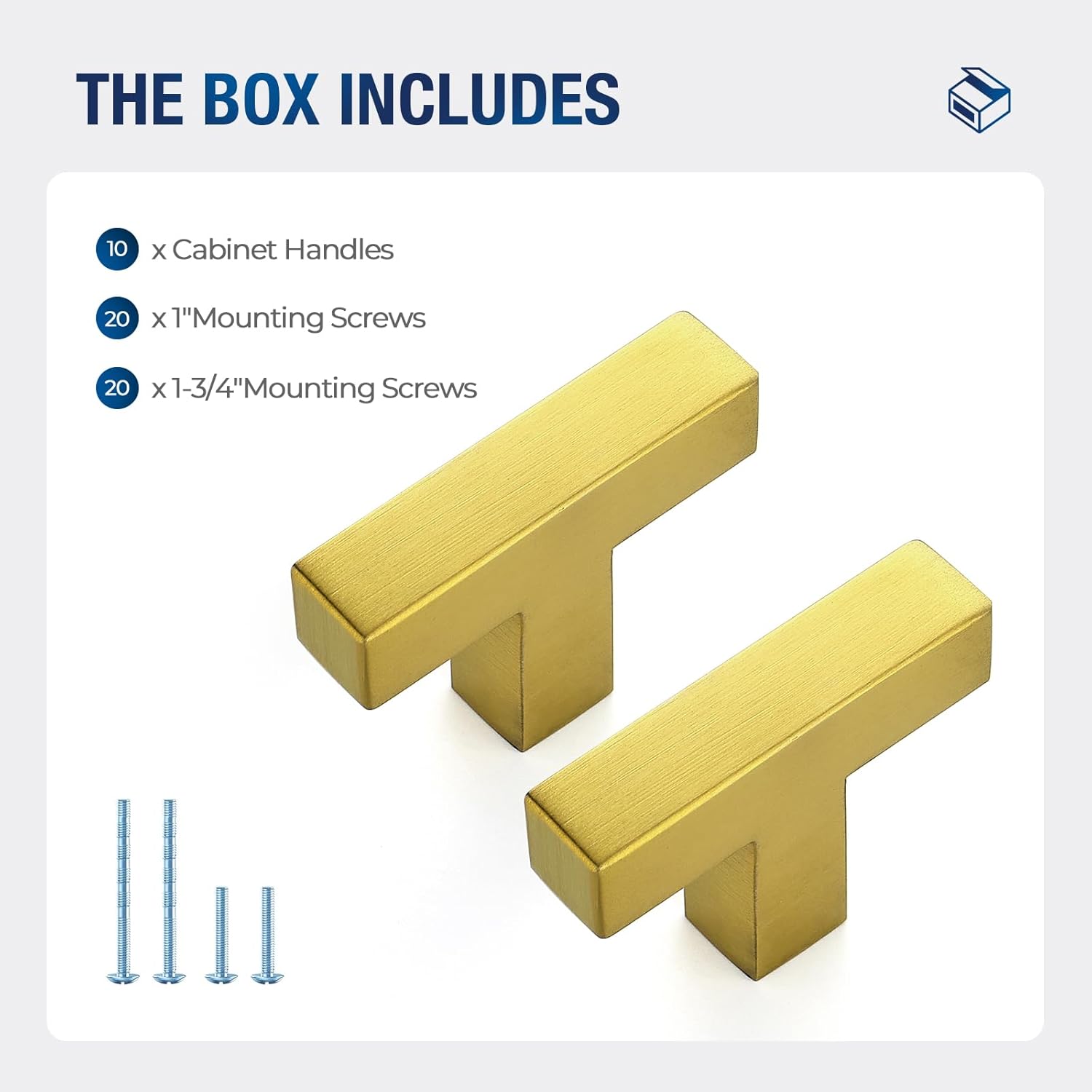 JOY DECOR 10 Pack Cabinet Handles, Gold Cabinet Pulls, Single Hole Kitchen Handles Square Drawer Pulls Stainless Steel Drawer Hardware Handles, 2 Inch Total Length