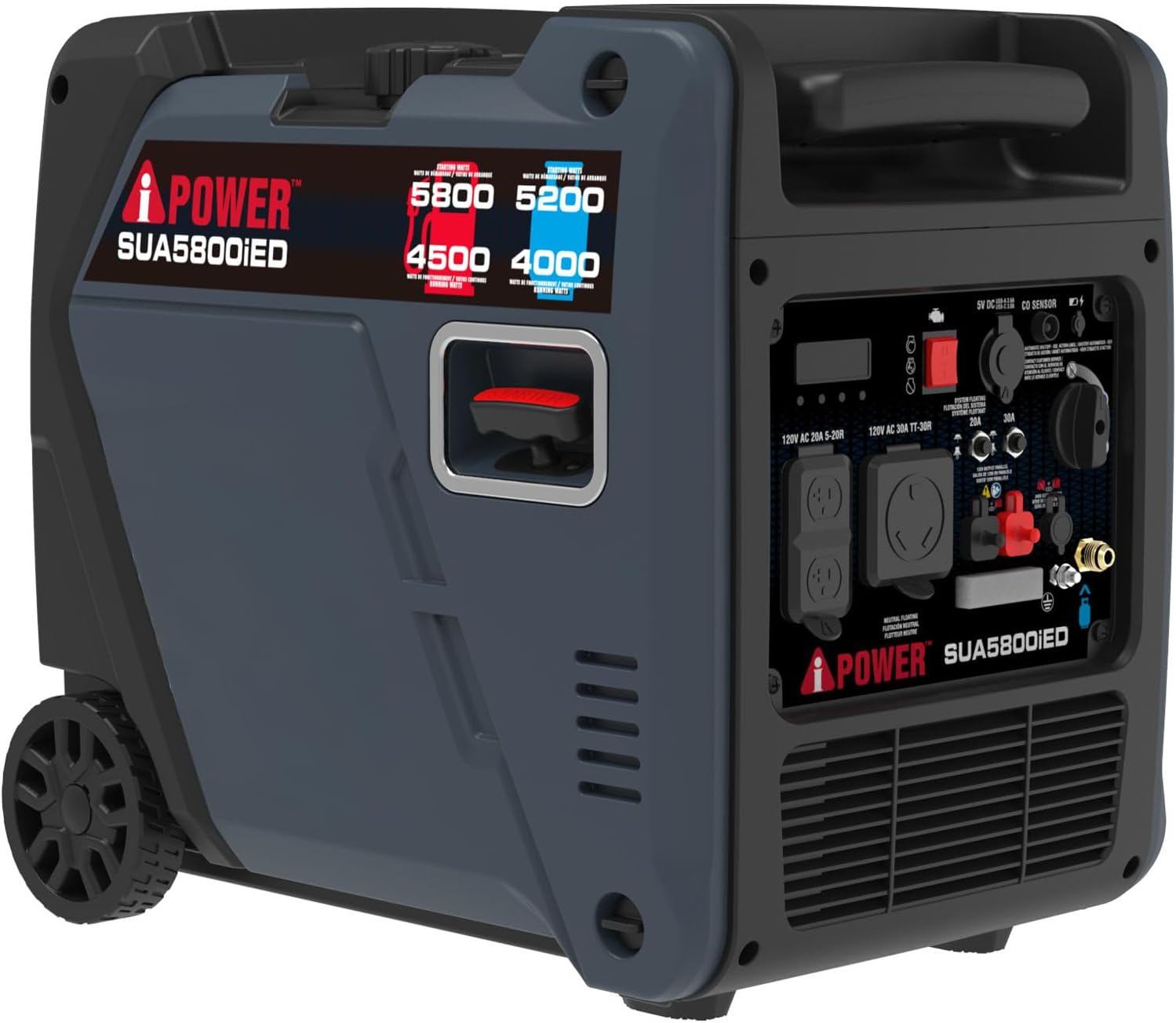 A-iPower 5800-Watt Dual Fuel Quiet Portable Inverter Generator, Electric Start RV Ready, EPA & CARB Compliant CO Sensor, With Telescopic Handle For Backup Home Use, Tailgating & Camping (SUA5800iED)