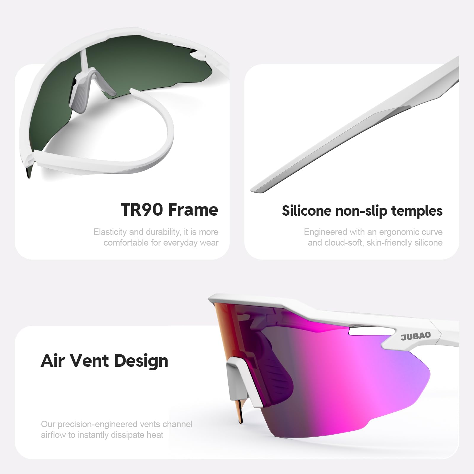 JUBAO Lunettes de cyclisme polarisées pour homme et femme, protection UV400, lunettes de soleil pour cyclisme, course à pied, pêche, baseball, golf
