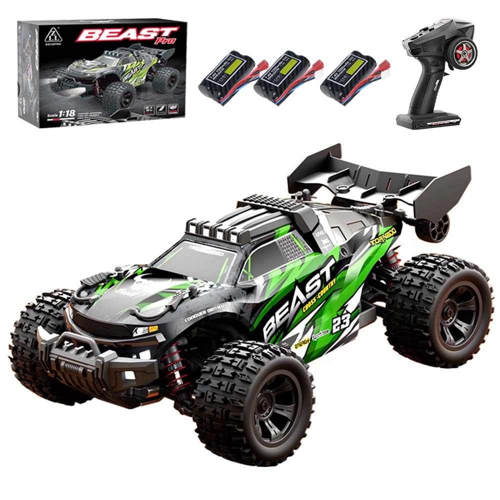 Zdalnie sterowany samochód 1:18 dla dorosłych, 4WD wodoszczelny Monster Truck All Terrain, 35 km/h, 2,4 GHz RC Offroad, szybki samochód wyścigowy, 3 baterie (zielony)