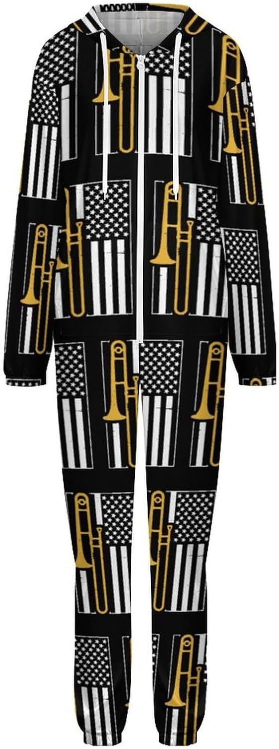 United States Flag Trombone Adult Pajamas Onesie with Hood Pocket Jumpsuits One Piece Sleepwear