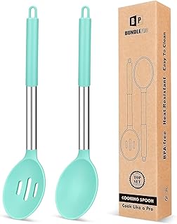 Pack of 2 Large Silicone Cooking Spoons,Non Stick Solid Basting Spoon,Heat-Resistant Kitchen Utensils for Mixing,Serving,Draining,Stirring (GREEN)