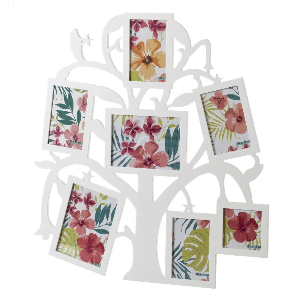 LOLAhome Marco de Fotos Árbol de la Vida para 7 Fotos Blanco de Madera de 61x58 cm