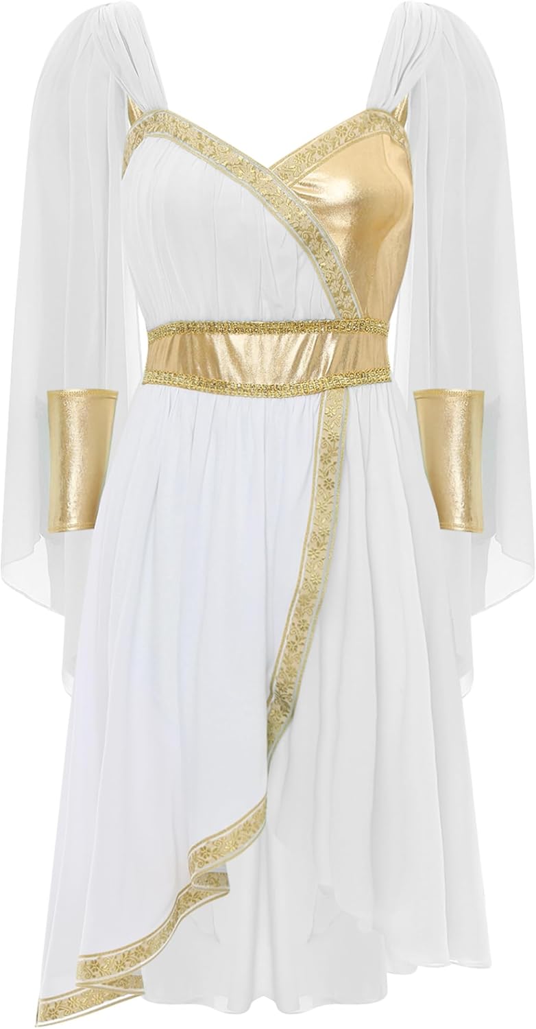 Sxiwei Womens Sleeveless Chiffon Dress with Cuffs Set for Halloween Greek Roman Princess Dress Up