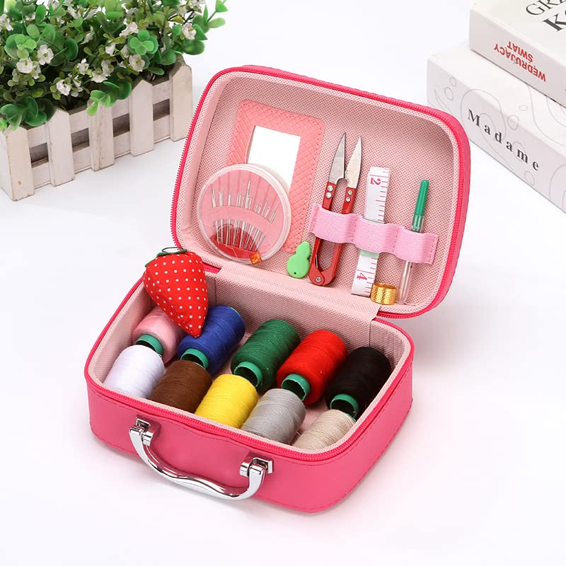 Wondolla Sewing Kit, Portable Sewings Kits in Faux Leather Case, Complete Travel with Scissors Needles Thread & Accessories for Travel and Home, Stylish Organizer Box for Jewelry Storage (Magenta)