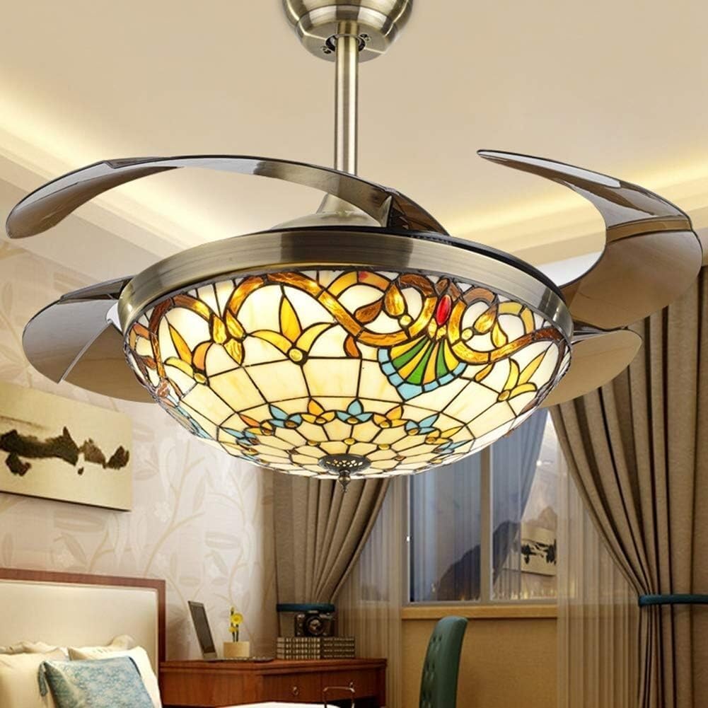HXYSXHJUO Ceiling Fan with Light, Metal Chandelier 42in LED Remote Control Light Retractable Blade Dimmable Lighting Fan(Color:Opaque Blades)