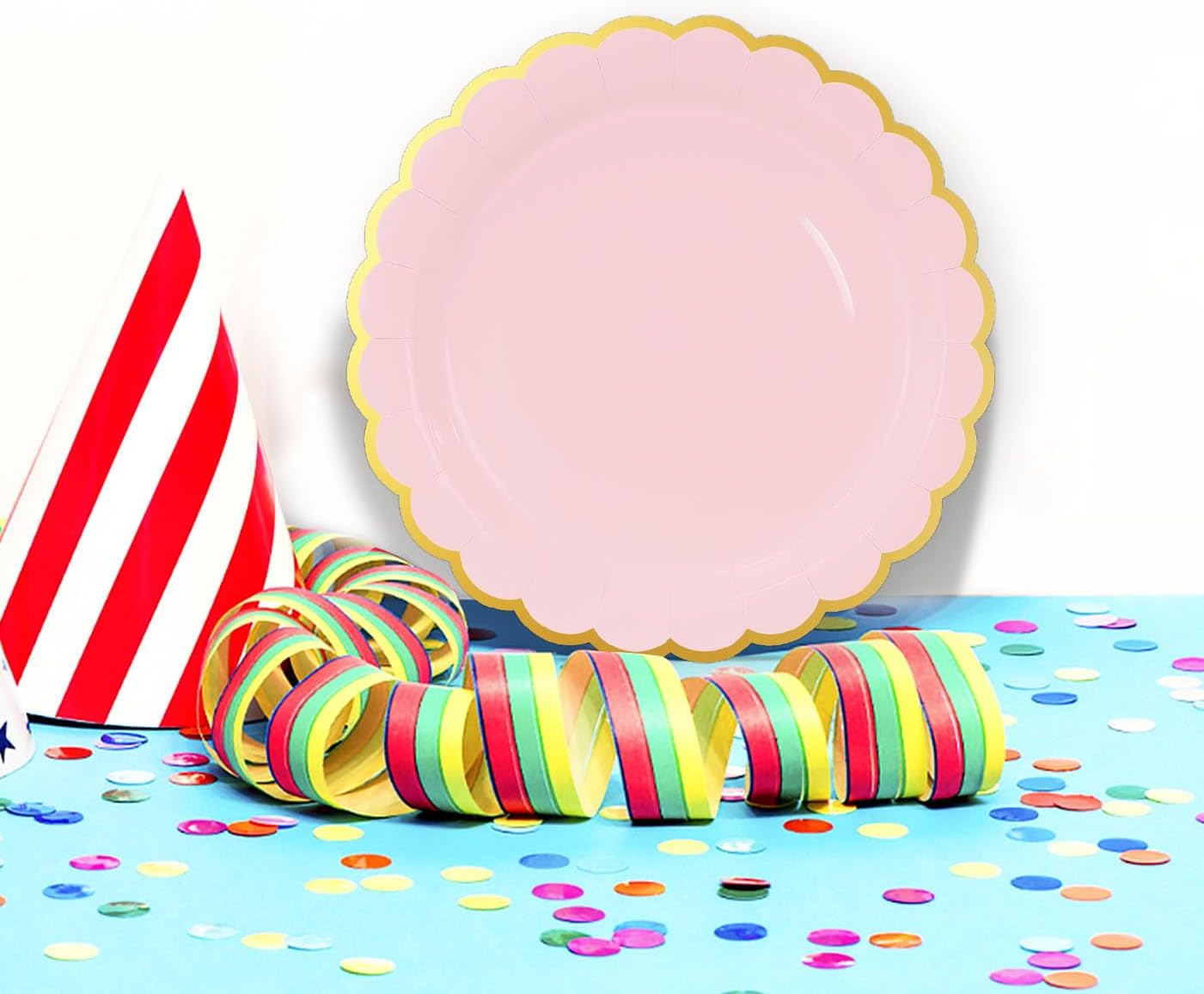 HEIPINIUYE 50 Pieces Light Pink Paper Plates with Gold Foil 7 Inch Disposable Pink Scalloped Dinner Plates for Wedding Baby Shower Birthday Party Dessert Plate - Image 5