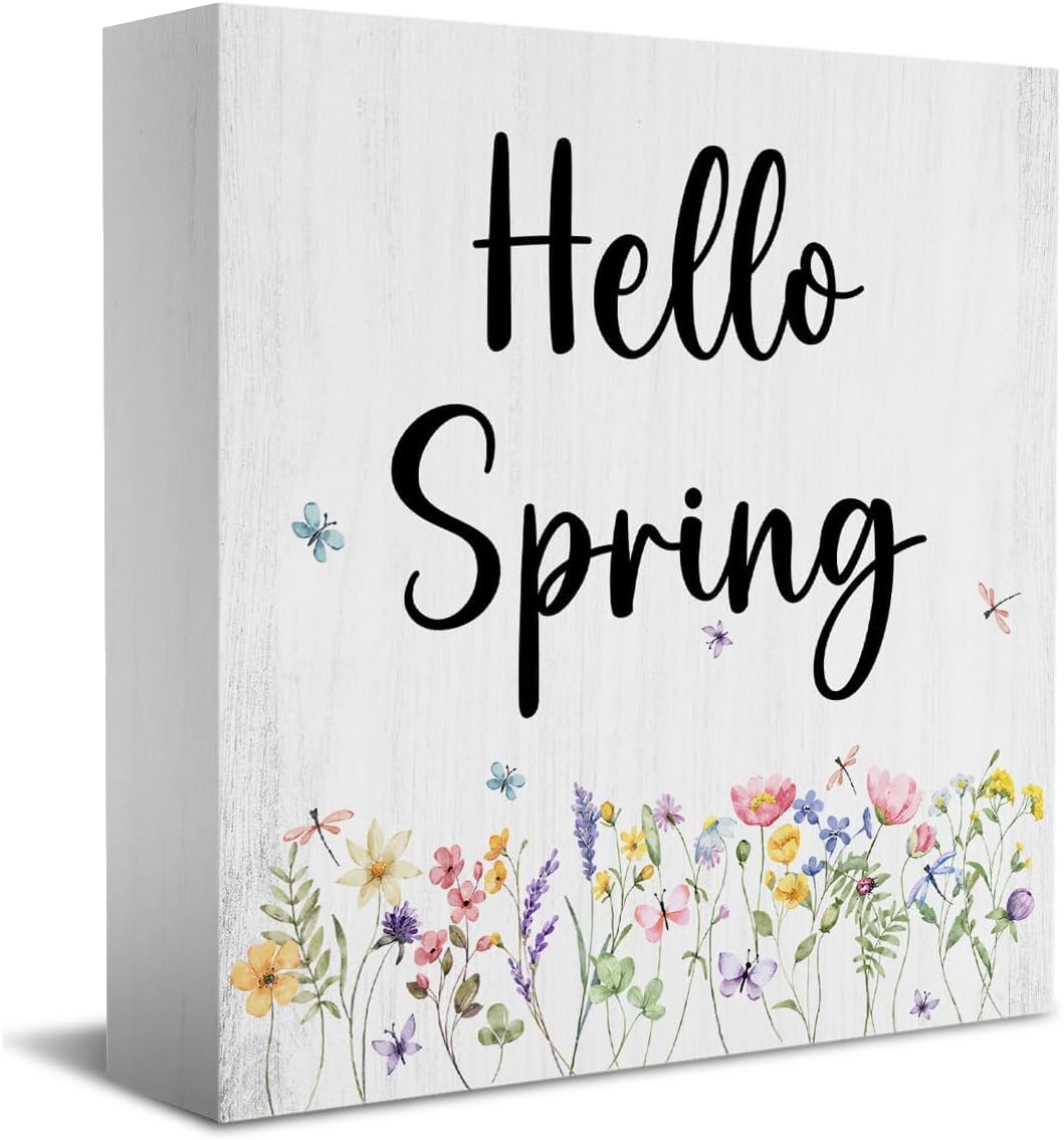 Hello Spring Box Sign 5x5 Inch Wooden Floral Farmhouse Decor