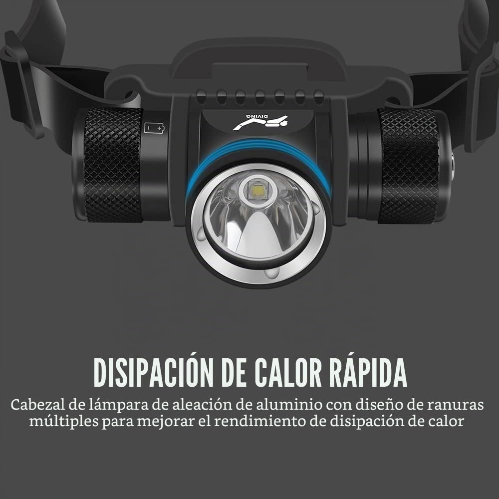 WINDFIRE 5000 lúmenes luz subacuática, luz frontal subacuática, 5 modos linterna frontal subacuática, IPX8 impermeable sumergible 60 metros de seguridad cabeza de buceo con carga