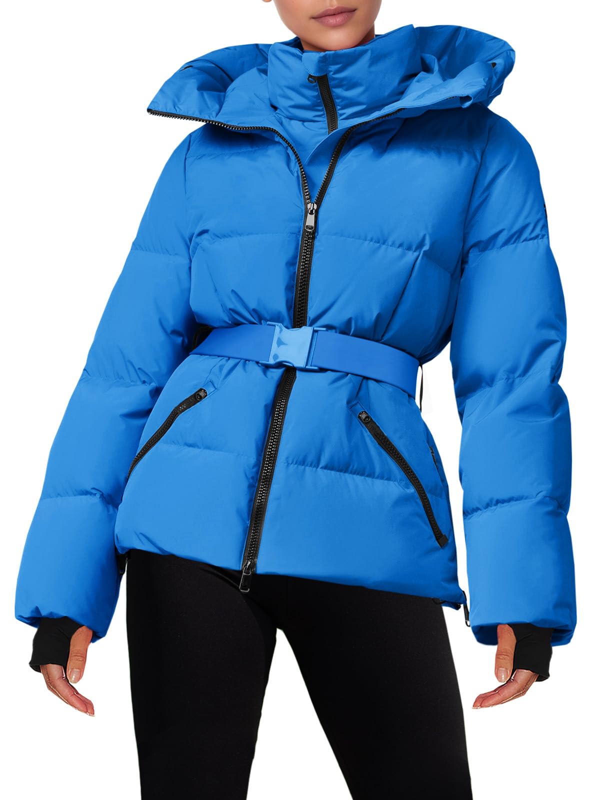 Fisoew Women's Ski Jacket Quilted Puffy with Belt