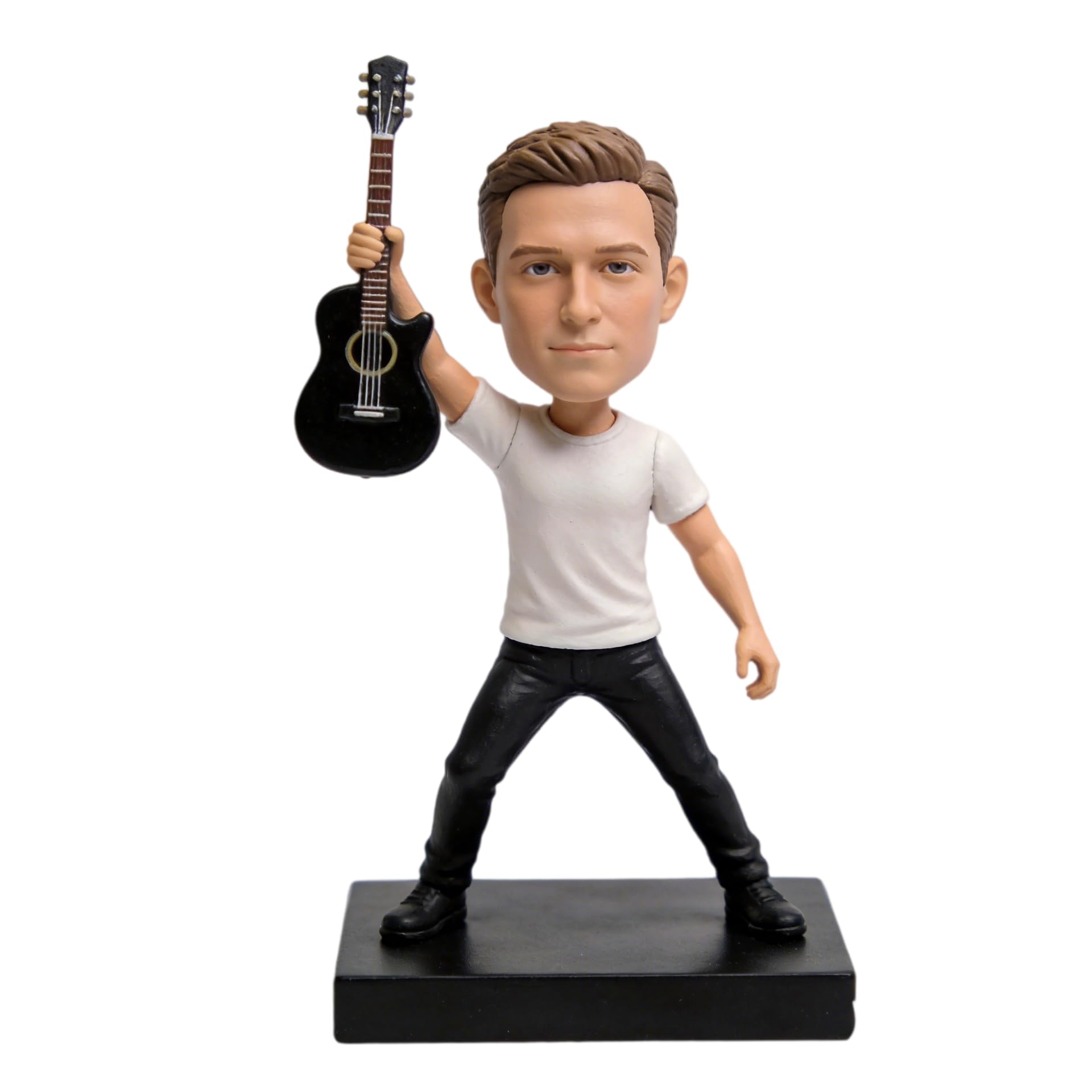 Figura 3D personalizada de músico de la foto, estatua de cuerpo completo hecha a mano de arcilla polimérica con mini guitarra acústica, regalo para decoración de escritorio de cumpleaños, jubilación