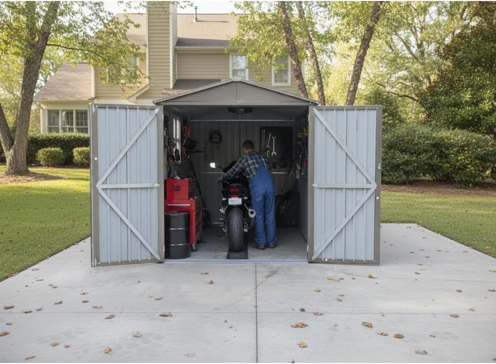 Outdoor Motorcycle Storage Shed with Window, No Tracks or Fixtures, Grey Weatherproof Storage Box for Sports Equipment, Tools and Home Organization - Easy Assembly