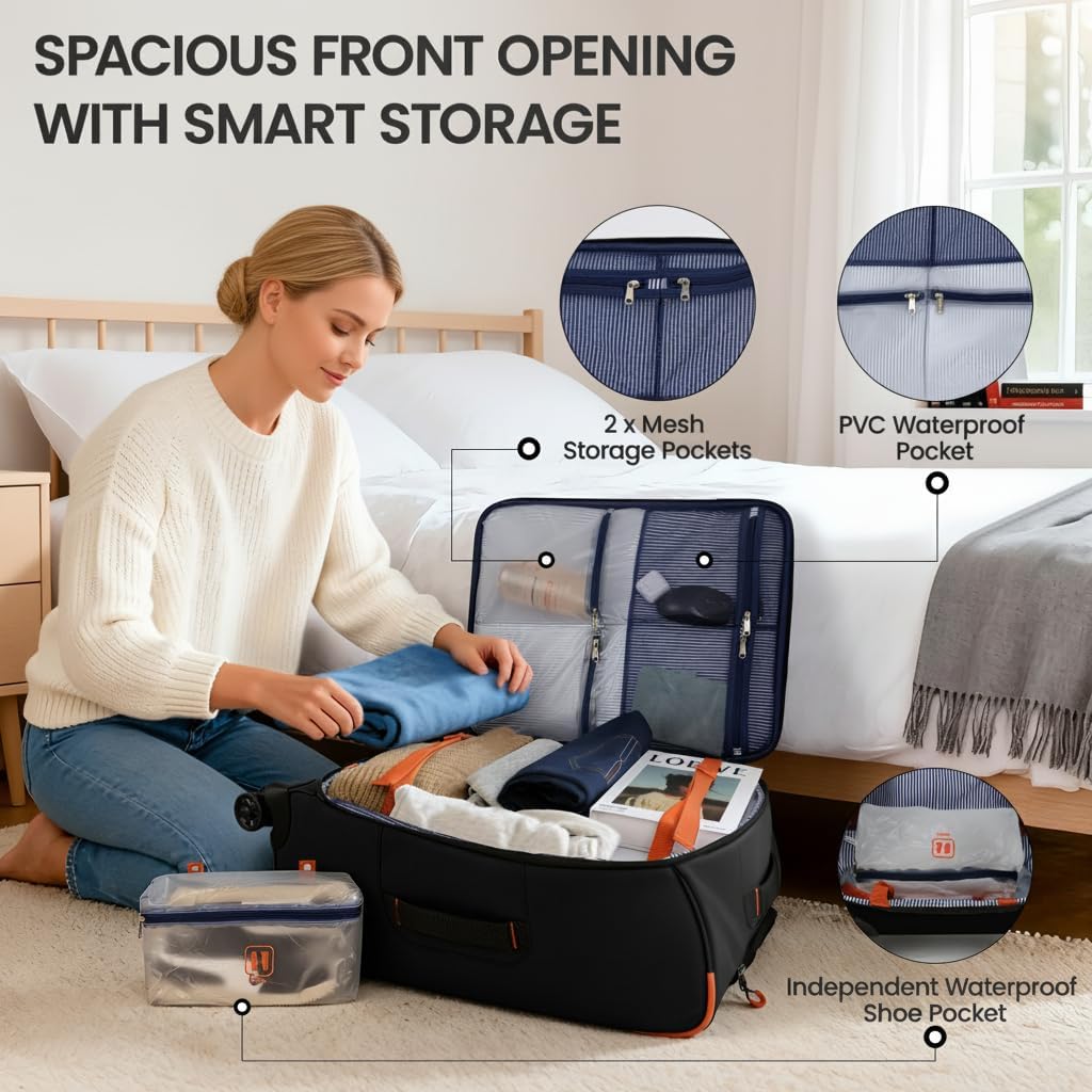 26'' Softside Rolling Luggage with Double Spinner Wheels,Waterproof,Lightweight Travel Suitcase for Men Women（Black,26in）
