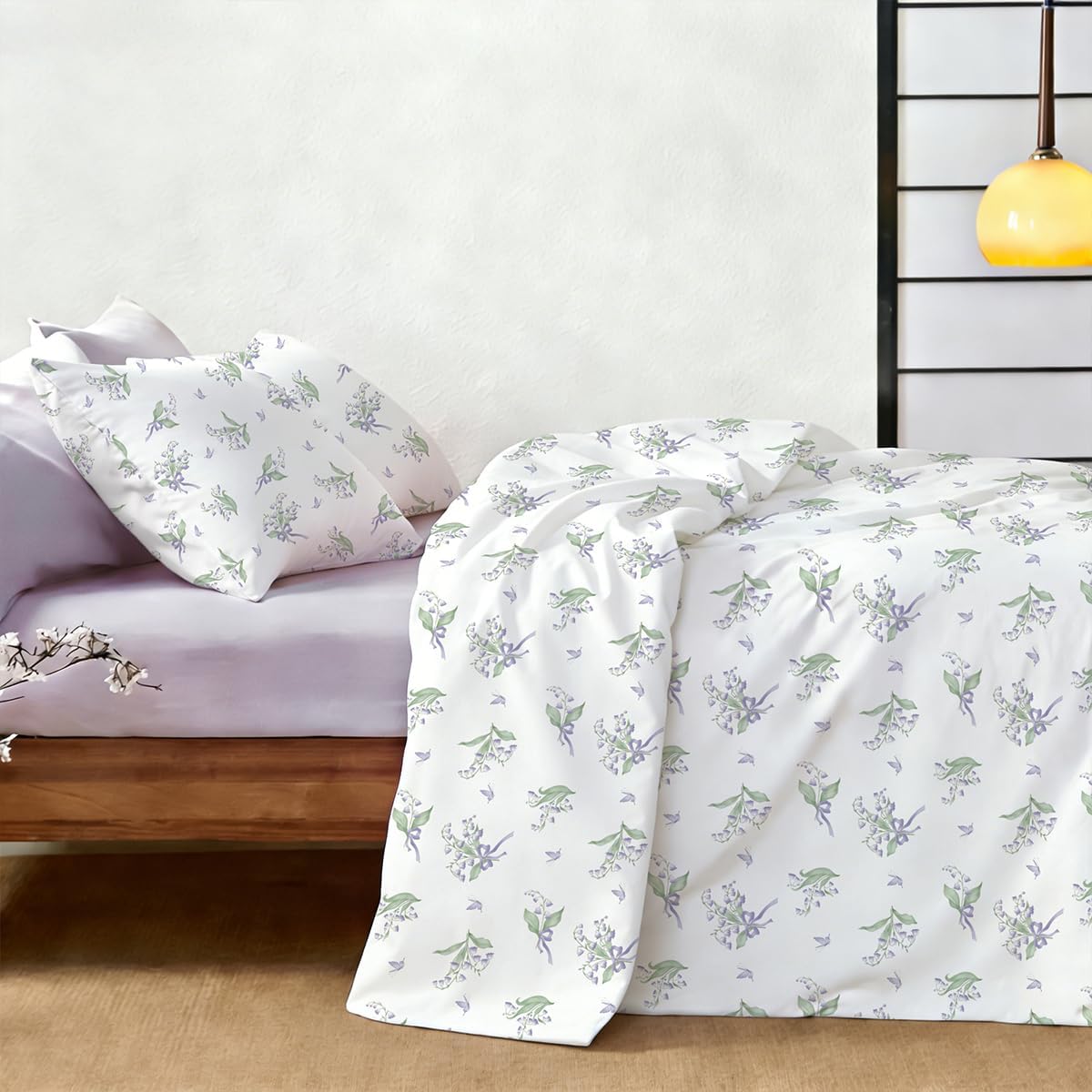 Floral Duvet Cover Queen 3 Pieces Purple Lily of The Valley Flower Bedding Set for Girls, Cute Butterfly Flowers Bow Design, 1 Coquette Duvet Cover & 2 Pillowcases (No Comforter)