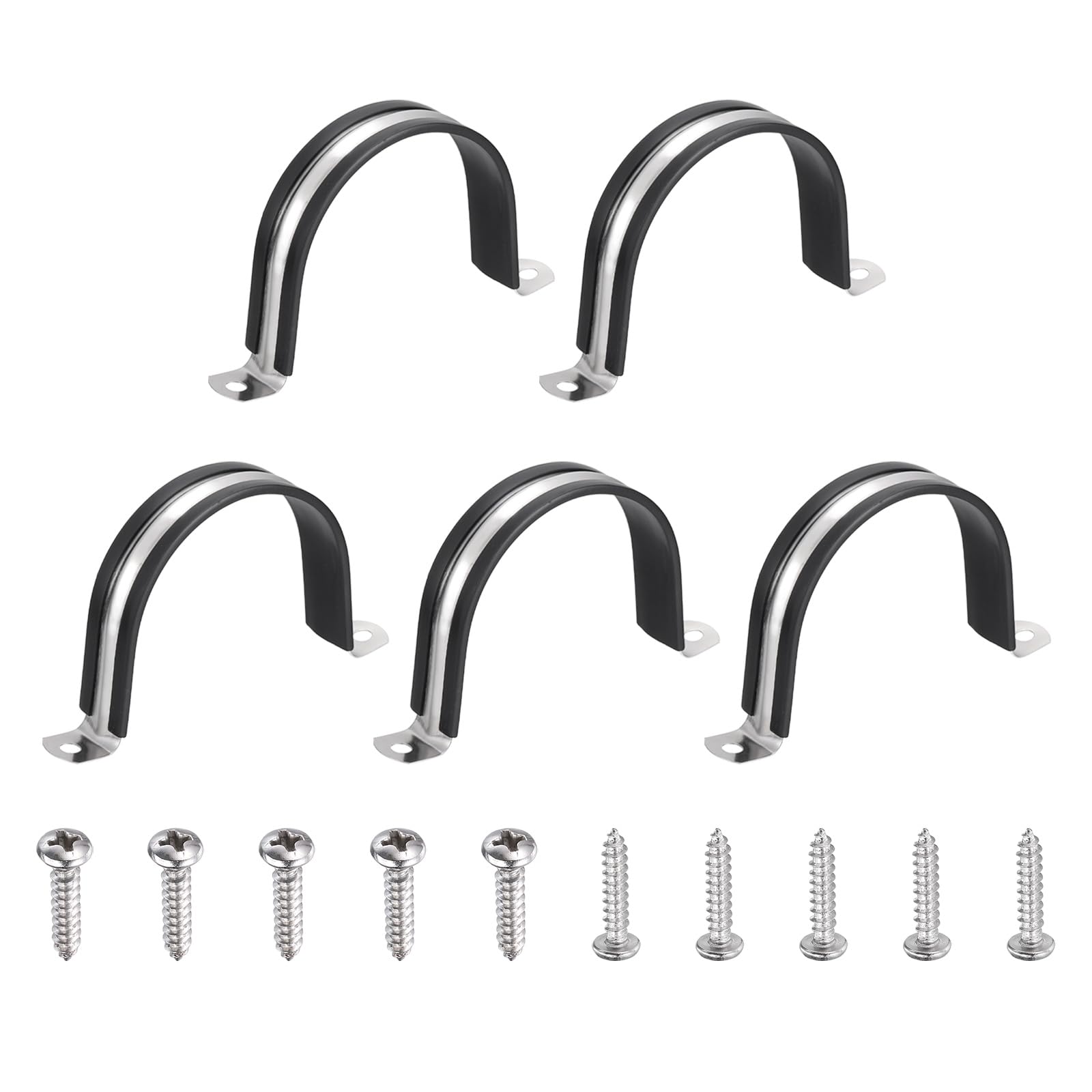 - uxcell 5Pcs 74mm(2-15/16") Cable Clamp, 2 Hole 304 Stainless Steel Rubber Coated Cushion Insulated Cable Clamps U Holder Pipe Strap with Self-Tapping Screws for Tube Wire, Black
