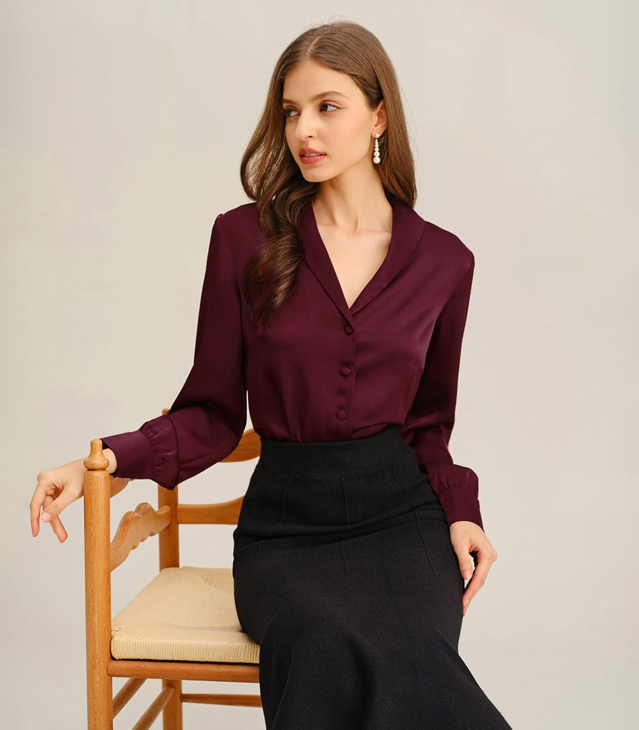 RIHOAS Women's Satin V-Neck Long Sleeve Button Down Shirt - Business Casual Dressy Blouse for Summer Fall Work & Daily Wear - Image 5