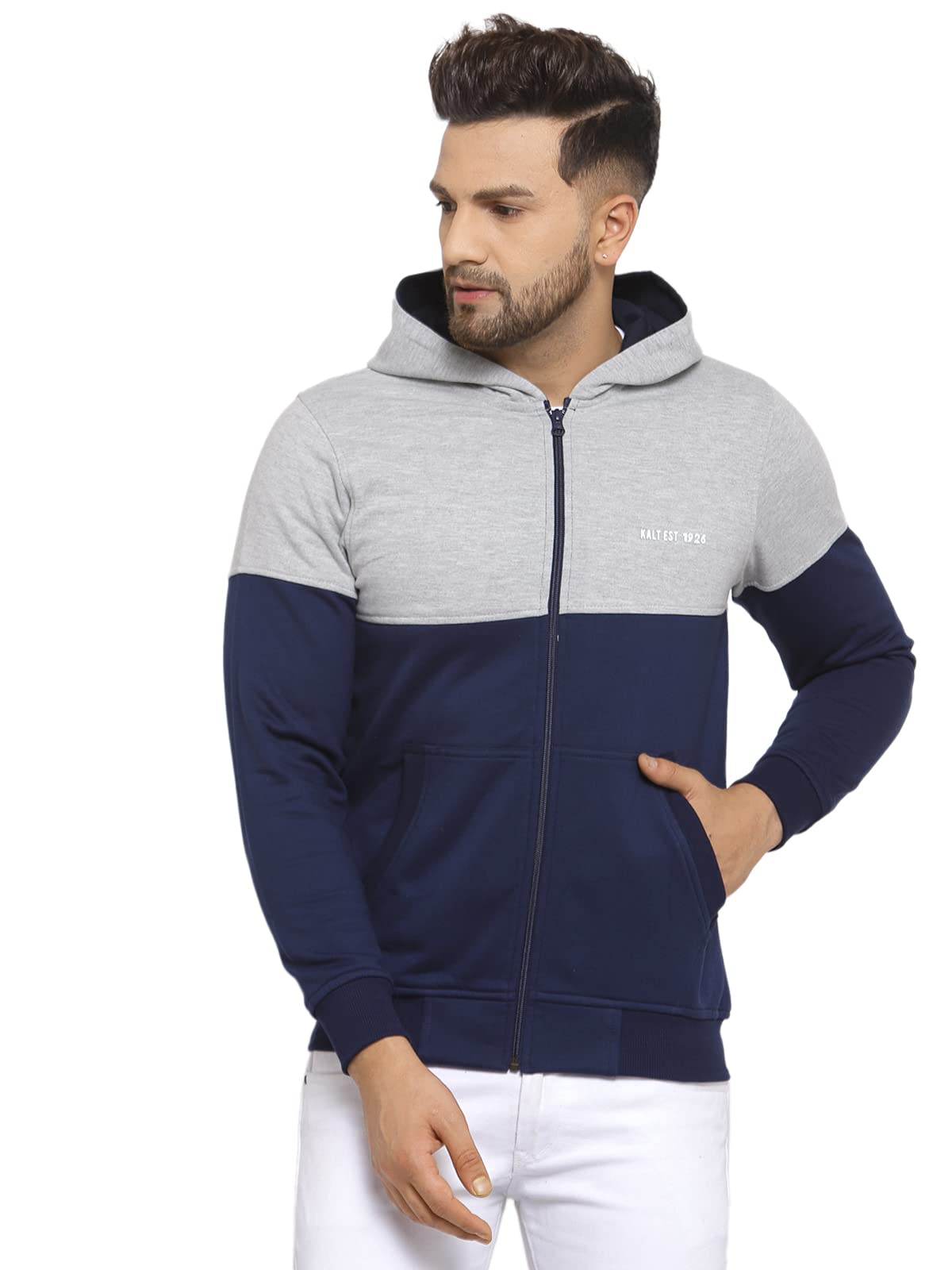 kalt Men Full Sleeves Dual Colour Zipper Fleece Hoodie(Navy::Light Grey Melange)-picture-16