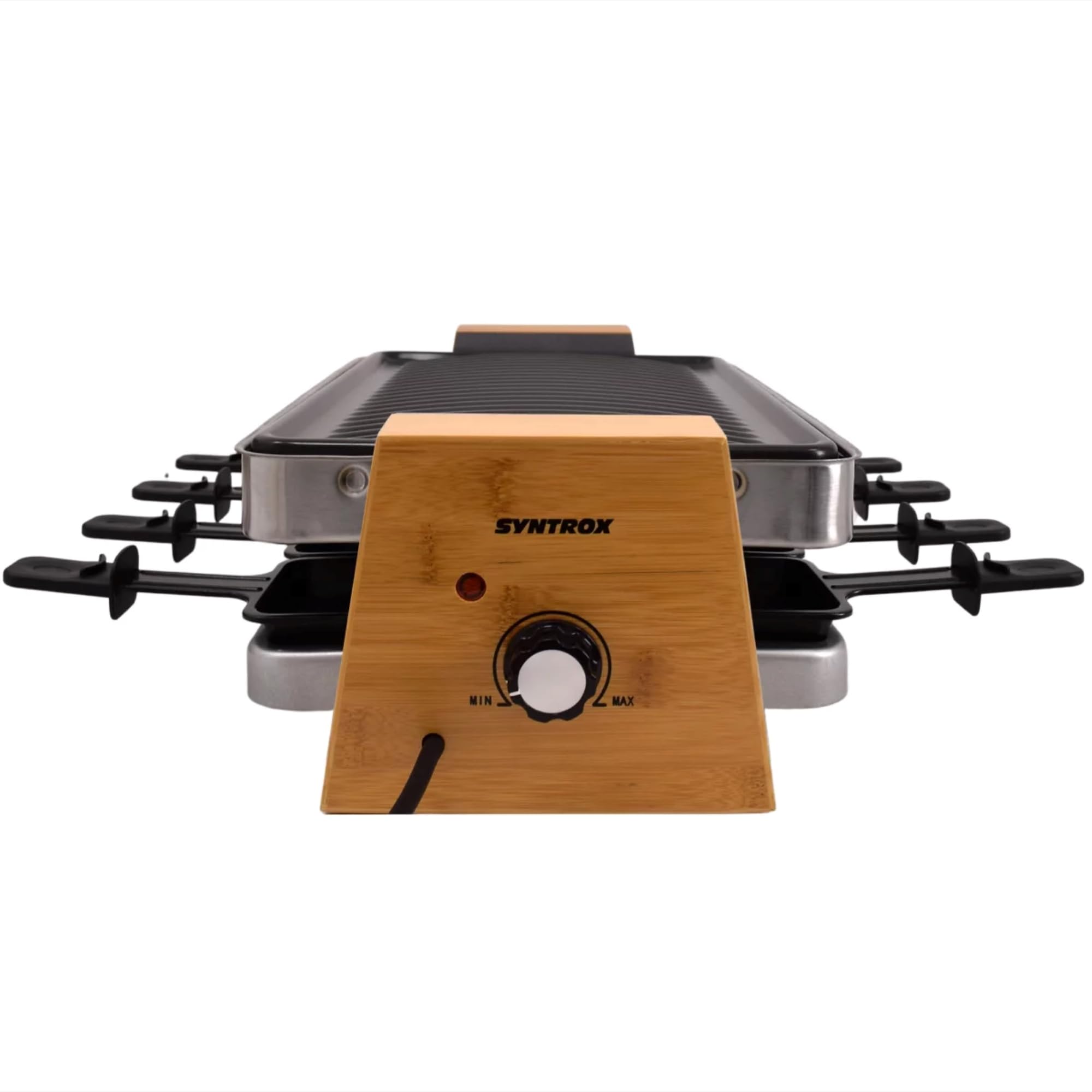 Syntrox Germany Raclette-Grill Set Lugaro, Tischgrill, 1500Watt für 8 Personen, Party-Raclette Set Lugano mit Wechselplatten, 10kg, Edelstahl, Multifunktional, Steaks, Fisch, gegrilltes Gemüse