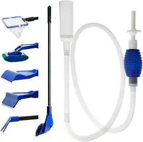 Kit de Limpeza 5 em 1 com Sifão para Aquários | Água Doce e Salgada | Escovas, Rede, Raspador e Cabo Extensível de 45cm