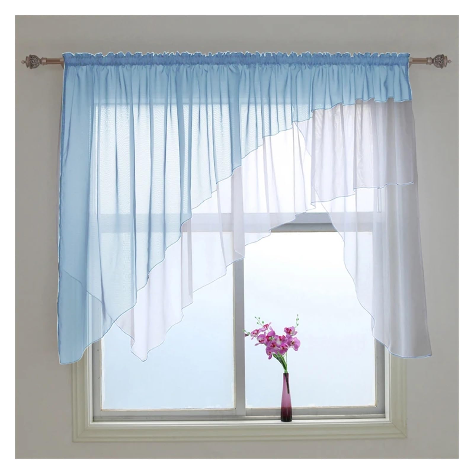 Bistrogardine Unregelmäßige abgeschrägte Kante Wohnzimmer Vorhänge Kurz Transparent Küche Balkon Fenster Vorhang 1 PCS(Sky Blue,Narrow Pleated Tape_W250CM X H120CM)