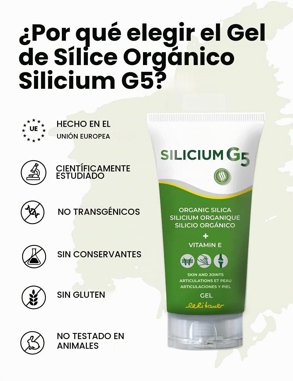 Silicium G5 Gel. Silicio Con Vitamina E Que Estimula A Las Células A Producir Colágeno. Gel Corporal Para Dolores En Articulaciones, Músculos Y Huesos, Además Regenera Y Reafirma La Piel. 500 Ml.