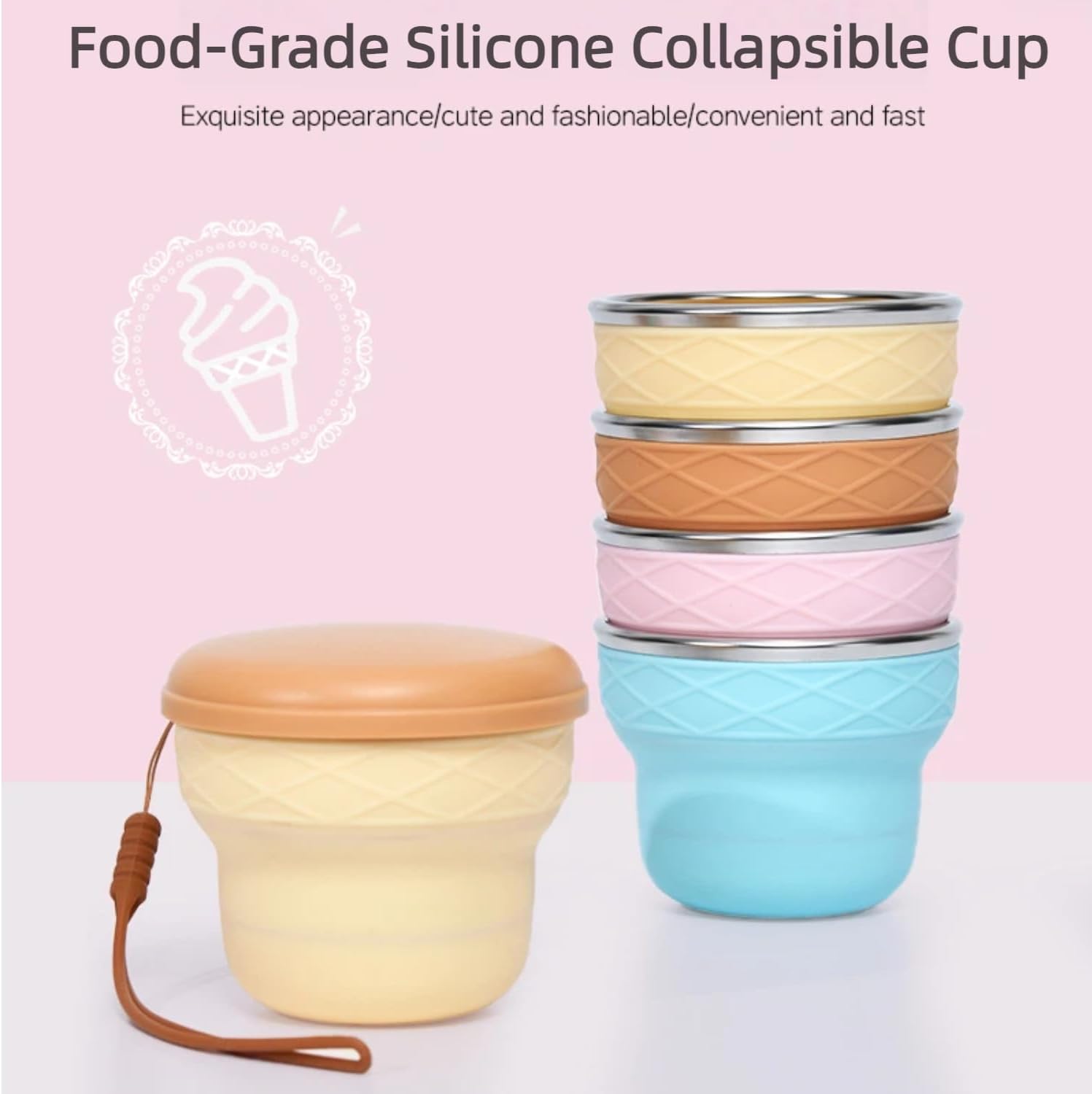 Collapsible Travel Cup 7oz Silicone Foldable Water Cup, Cute Ice Cream Cone Shape, Macaron Colors, BPA-Free with Lid - Portable Drinking Cup for Camping, Hiking & Outdoor Travel (Pudding Color) image 4