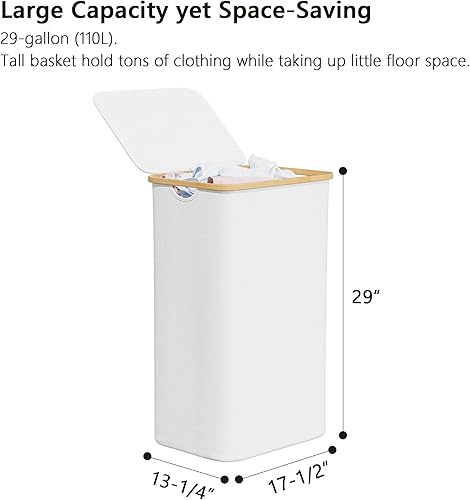 Miniatura 5 de SUOCO Cesta de lavandería con tapa, cesta de ropa de 29 galones (110 litros) con asas de bambú, cesta grande plegable para la ropa sucia para