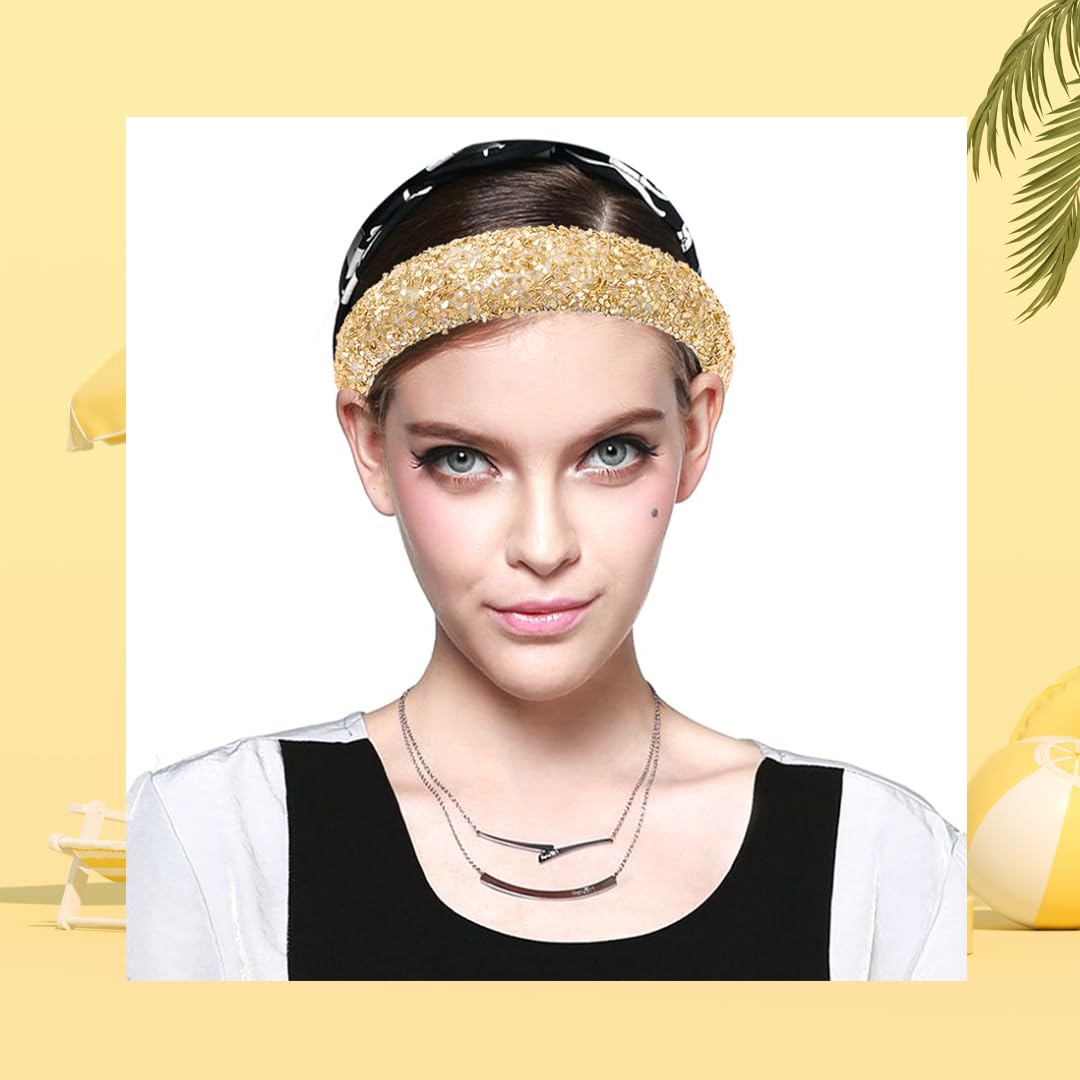 Goldfarbenes glitzerndes Haarband für Damen, modisches Glitzer-Haarband, glitzernd, breite Stirnbänder, bequem, hochelastisch, Haarreifen für Damen