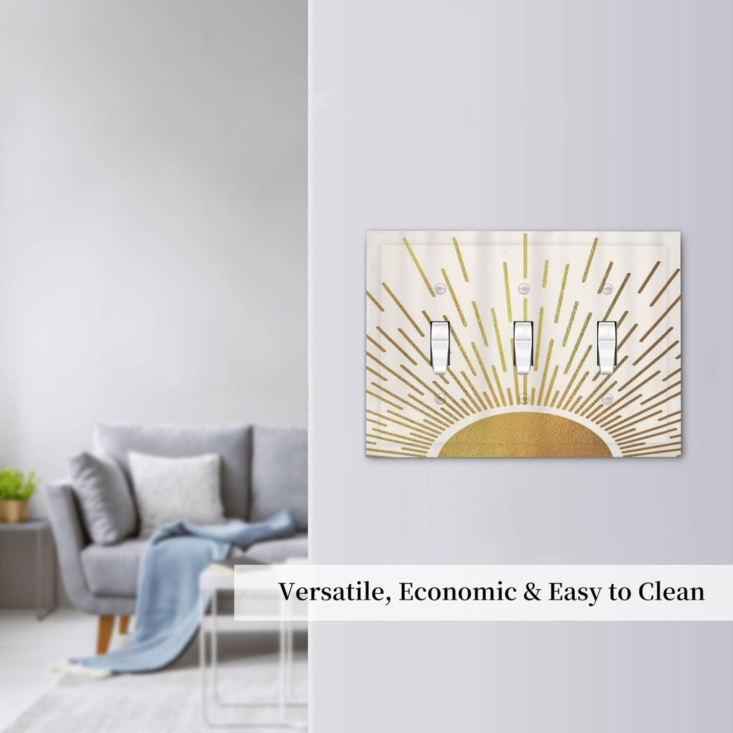 Mid Century Boho Abstract Sunrise Gold Sun 3 Gang Light Switch Covers Decorative Triple Toggle Wall Plate Electrical Faceplate Switchplate for Country Bathroom Bedroom Home Decor