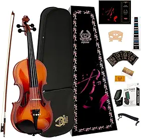 Rhythm Conjunto de violino 1/2 de tamanho intermediário para iniciantes com estojo rígido, resina, descanso de ombro, arco e cordas extras