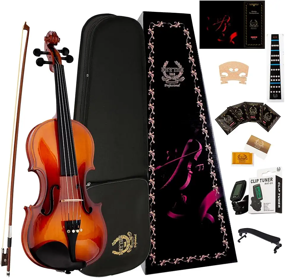 Rhythm Conjunto de violino 1/2 de tamanho intermediário para iniciantes com estojo rígido, resina, descanso de ombro, arco e cordas extras