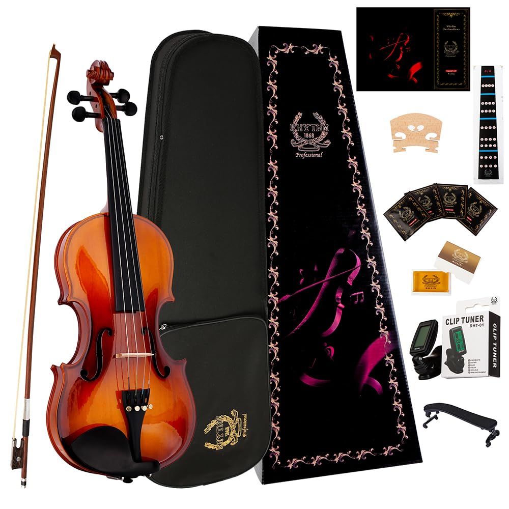 Rhythm 1/2 Violine Set halbe Größe für Anfänger mit Hartschalenkoffer, Kolophonium, Schulterstütze, Bogen und extra Saiten