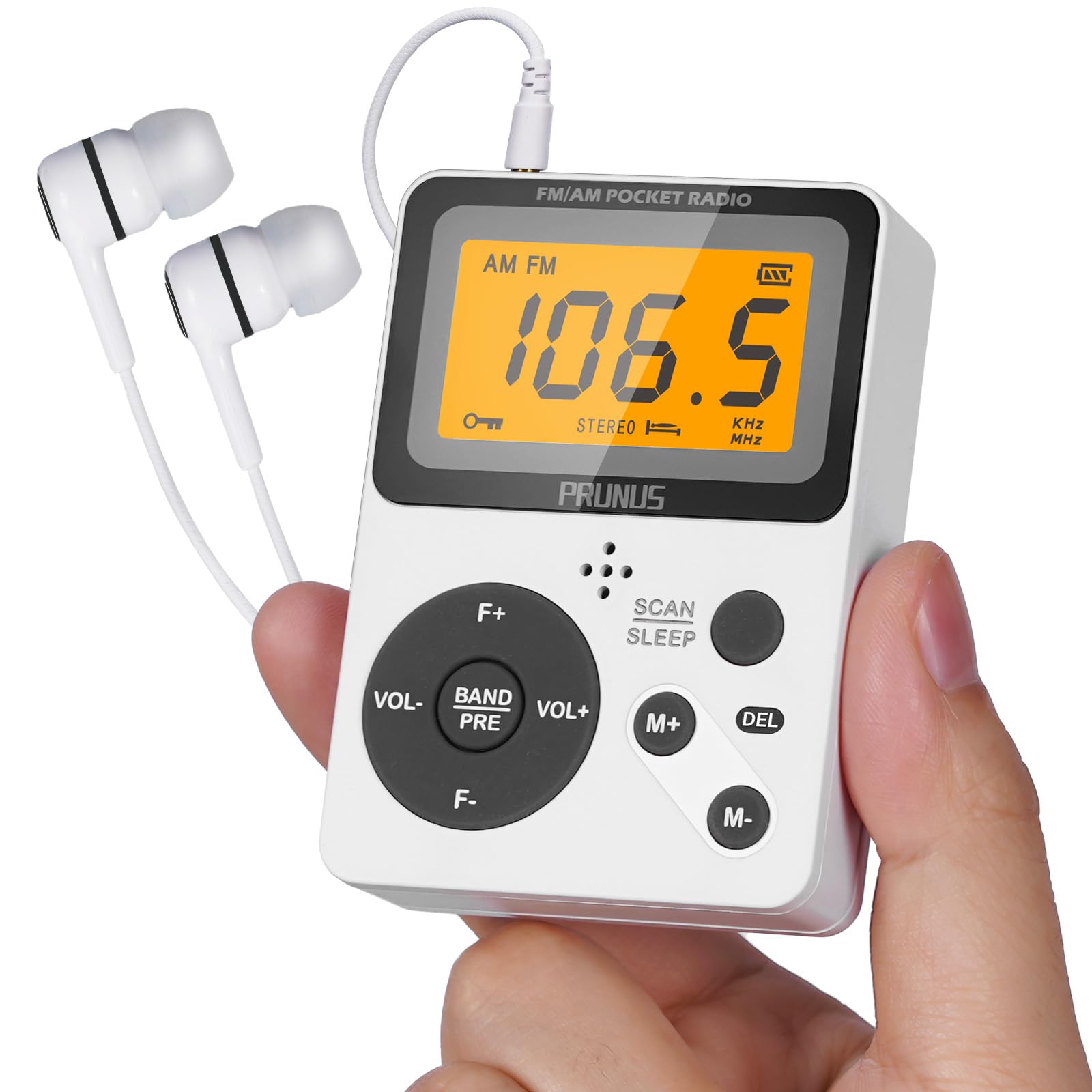 PRUNUS Pocket AM FM Radio Portable with Stereo Earphone, Battery Operated Radio by 2 AAA, Manual Preset, Large Screen, Lock Key Radios,Sleep Timer,Mini Radios,Digital J-159(No Speaker)